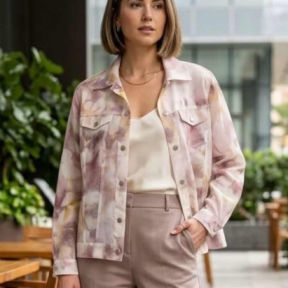 Wynne Layers Sheer Abstract Pastel Watercolor Button-Down Jacket Lightweight